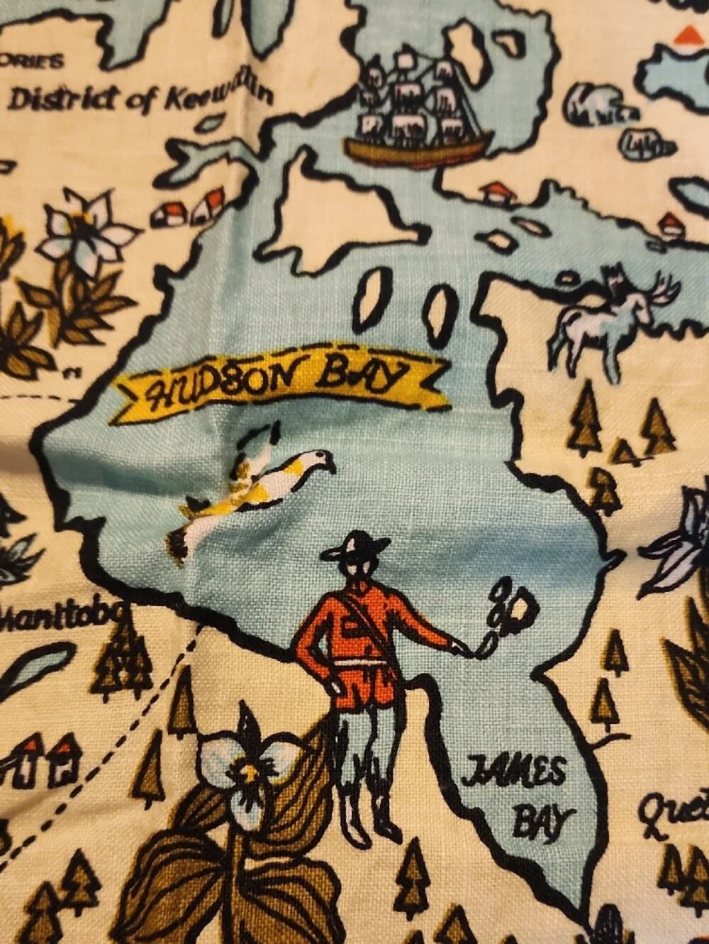 Vintage Map-Print Kitchen Tea Towel in Cream, Blue, Black and Brown